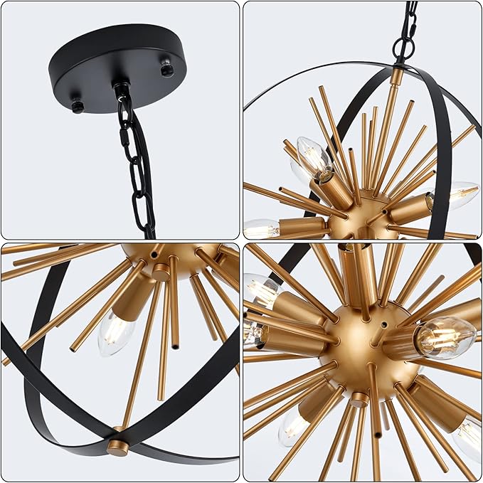 17.72'' Black Gold 8-Light Globe Sputnik Chandelier Modern Industrial Adjustable Hanging Ceiling Firework Pendant Light Fixture for Entryway Stairway Kitchen Dining Living Room Hallway-Ruum Studio Home