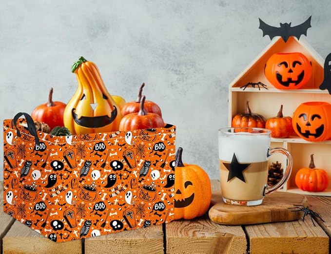 HIYAGON Rectangular Halloween Basket for Boys and Girls Kids Trick or Treat Pumpkin Basket for Halloween Parties Cute Storage Bin Organizer Box Room Decor(Yellow Halloween)-Ruum Studio Home