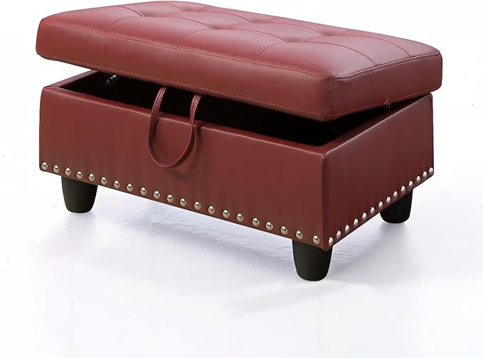 Ottoman Rectangular Storage Ottoman Bench, Faux Leather Footrest, Coffee Table, Stool Footstool with Hinged Lid for Living Room, Bedroom, Entryway, Red, 28.5"x19"x17.5"-Ruum Studio Home