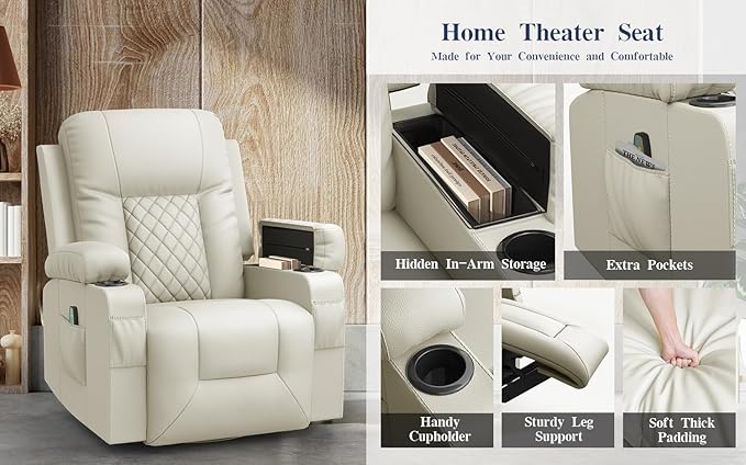 Recliner Chairs for Adults, Massage Rocker with Heated Modern Ergonomic Lounge 360 Degree Swivel Single Sofa Seat Living Room Lounge Recliners Ivory White-Ruum Studio Home