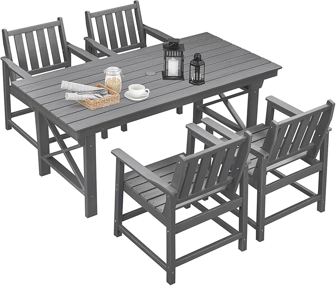 HDPE Patio Dining Set, 5-Piece Outdoor Table and Chairs with Umbrella Hole, Modern Outdoor Dining Set for 4, HDPE Outdoor Patio Furniture Dining Sets for Deck, Poolside, Porch, Smoke Gray-Ruum Studio Home