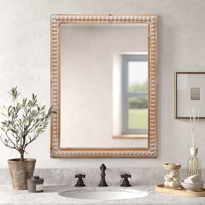 Farmhouse Bathroom Mirror 22x30 Inch - Rectangular Wall Mirrors with Wood Frame & Beaded Design - Distortion-Free Glass, Horizontal/Vertical Mount or Freestanding-Ruum Studio Home