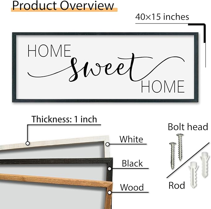 SRSZHIYUE Home Sweet Home Sign 40"x15" for Farmhouse Rustic Large Family Living Room Over Couch Modern Horizontal Wall Decor, Wood Framed Plaques Art Decorative (Black)-Ruum Studio Home