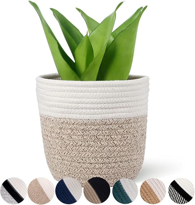 Cotton Rope Plant Basket Modern Woven Basket for 6" Flower Pot Floor Indoor Planters,Rustic Home Decor Storage Organizer H6 3/4" x W6 1/2"-Ruum Studio Home