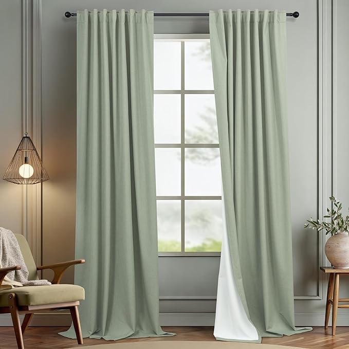 Light Sage Green Linen Textured Blackout Curtains 102 Inch Length 2 Panel Back Tab Sound Draft Cold Sun Blocking Winter Curtains Noise Reducing Retro Moody Drapes Living Room Divider Bedroom 102 Long-Ruum Studio Home