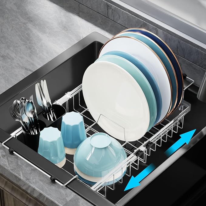 GSlife in Sink Dish Drying Rack - Stainless Steel Capacity Expandable Over The Sink Dish Drainer with Lock Knob and Utensil Holder for Kitchen Sink, 10.8"-17.9" L x 12.8" W, Silver-Ruum Studio Home