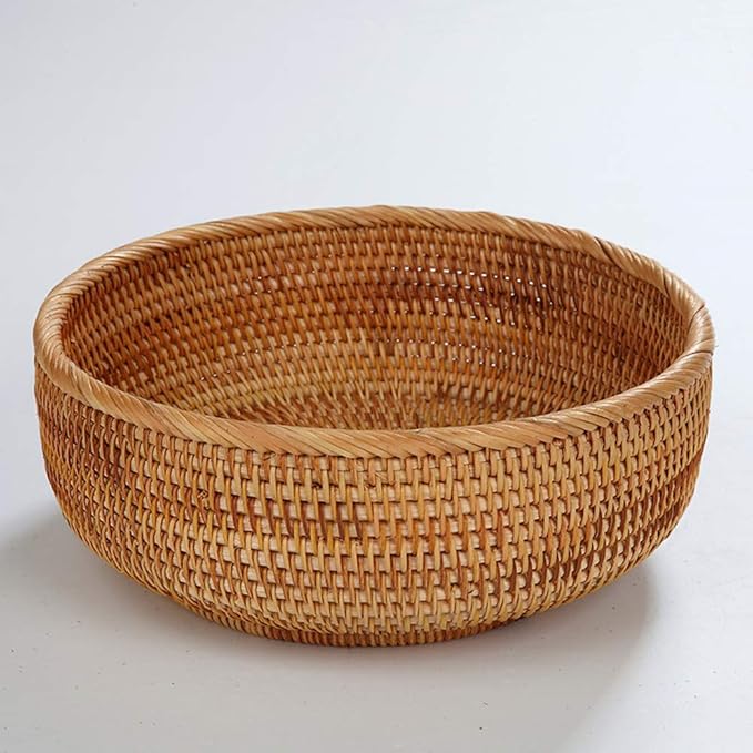 Hadewoven Round Rattan Fruit Basket Wicker Food Tray Weaving Storage Holder Dinning Room Bowl, 10 Inch Woven Bread Basket Key Bowls with 4”Wall for Table, Countertop (Large 9.8")-Ruum Studio Home