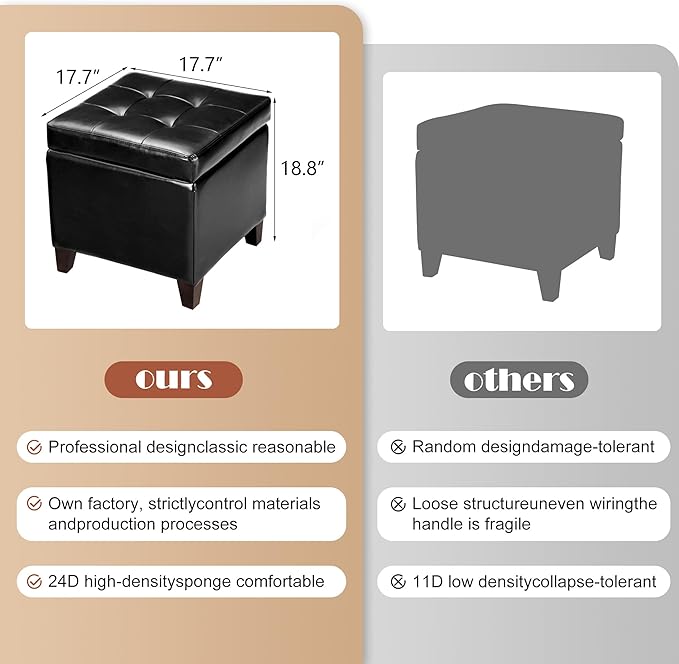 Adeco Storage Ottoman Foot Rest Stool, Leather Ottoman Footstool with Wood Legs and Hinged Lid, 18" Small Foot Stool Bench for Living Room, Bedroom, Black-Ruum Studio Home