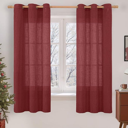 LAMIT Burgundy Red Sheer Linen Curtains 63 Inch Length, Linen Textured Light Filtering Panels Bronze Grommet Christmas Decor Drapes for Bedroom/Living Room, 2 Panels Set, 34 x 63 Inch-Ruum Studio Home