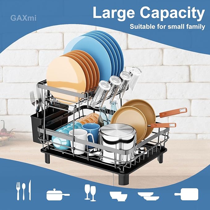 GAXmi Dish Drying Rack Over The Sink Dish Drainer with Drainboard Utensil Holder Cup Holder, 2-Tier Grey-Ruum Studio Home