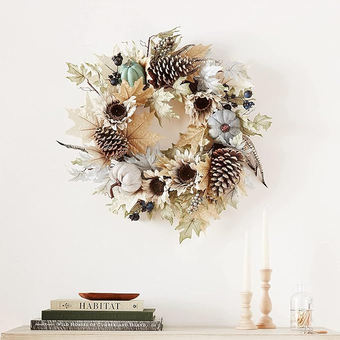 Admired By Nature 24 Inch Artificial Pumpkin Sunflower Fall Wreath Wall Door Farmhouse Decor For Home Office Thanksgiving Harvest Wreaths For Front Door Cemetery Wreaths Indoor Outdoor, Rustic White-Ruum Studio Home