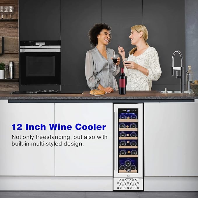 Tylza 12" Wine Cooler Refrigerator, 18 Bottle Wine Fridge Built-in or Freestanding with Stainless Steel & Double-Layer Tempered Glass Door, Compressor Fast Cooling, Low Noise and No Fog, Mini Fridge-Ruum Studio Home