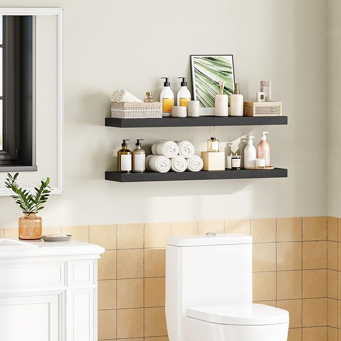 HOOBRO Floating Shelves for Wall, Wall Mounted Shelf Set of 2, 39.4" Hanging Shelf with Invisible Brackets, for Wall in Bathroom, Bedroom, Toilet, Kitchen, Livingroom, Office, Black BK100BJP201-Ruum Studio Home