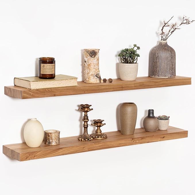 36 Inch Floating Shelves for Wall, Rustic Elm Wood Shelf for Home Decor, Heavy-Duty Wooden Floating Shelves for Kitchen, Wall Mounted Storage Shelves for Bathtoom, Living Room, Natural Color, Set of 2-Ruum Studio Home