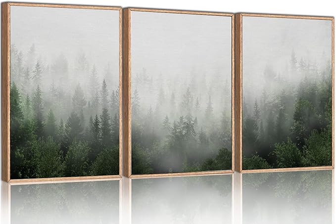 HPINUB Misty Green Forest Framed Canvas Wall Art Set, Nature Scenery Modern Wall Decor, Foggy Mountain Wall Painting, Woodland Landscape Nursery Art Print for Living Room, Bedroom, Office - 16"x24"x3-Ruum Studio Home