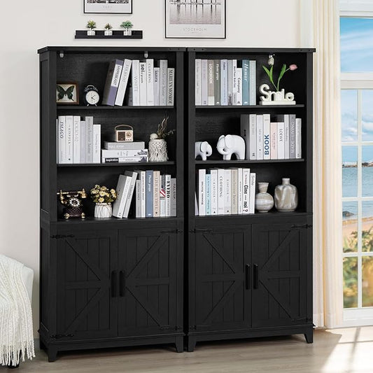 70in Tall Bookshelf 5 Tier Bookcase with Barn Doors and Adjustable Shelves, Black Farmhouse Book Shelf with Storage Cabinet, Wood Freestanding Display Bookshelves for Bedroom, Kitchen (2PCS)-Ruum Studio Home