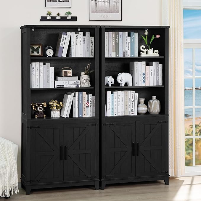 70in Tall Bookshelf 5 Tier Bookcase with Barn Doors and Adjustable Shelves, Black Farmhouse Book Shelf with Storage Cabinet, Wood Freestanding Display Bookshelves for Bedroom, Living Room-Ruum Studio Home