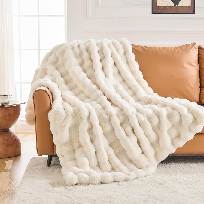 Cozy Faux Fur Throw Blanket for Couch-Warm Fuzzy Throw Blanket, Soft Plush Thick Bubble Blankets for Bedroom and Living Room, Furry Luxury Blanket, 50 x 60, Cream-Ruum Studio Home
