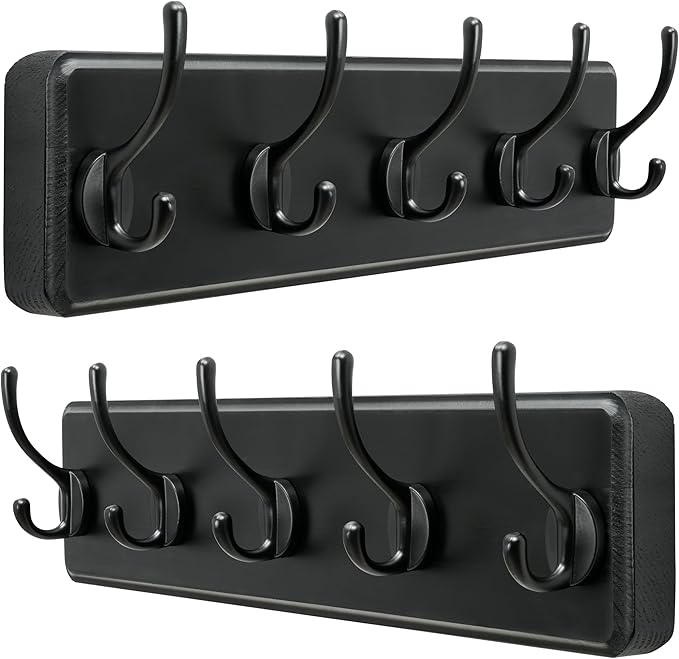 Dseap Wall Mounted Coat Rack: Patented, Heavy-Duty, 17.4" Long 5-Double-Hooks Wooden Hanger Rail for Winter Coats, Hats, Jackets, Clothing - Black, Pack of 2-Ruum Studio Home