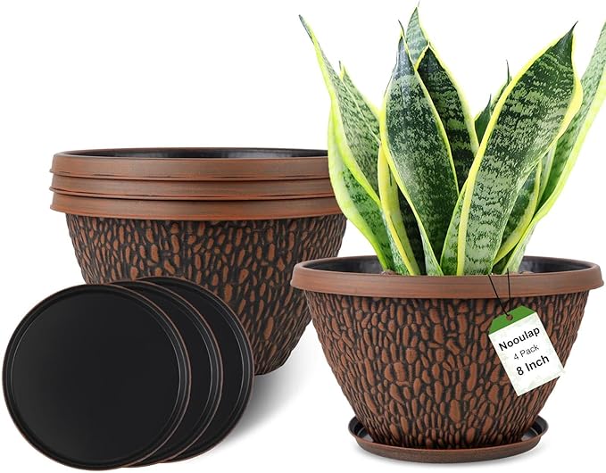 4 Pack Plant Pots Outdoor Indoor, 8 Inch Small Flower Pots with Drainage Hole & Tray, Thickened Plastic Outdoor Planters for Garden House Decor - Pebbles Pattern Design-Ruum Studio Home