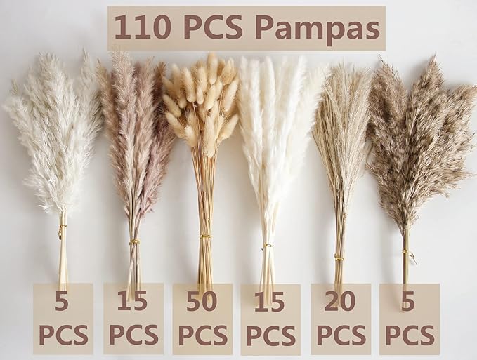 110 PCS Dried Pampas Grass Bouquet, Boho Table Decor, Bunny Tails Dried Flowers, Brown Pompas, White Pampas Grass for Wedding, Home, Rustic Party, Baby Shower Decorations-Ruum Studio Home