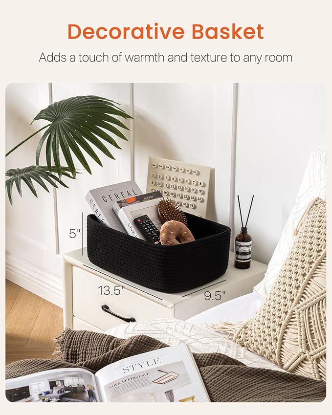 KALLAX Small Woven Basket, 13.5 x 9.5 x 5 Inches, Storage Basket for Organizing, Cute Small Rope Shelf Closet Cube Storage Bins Baskets for Shelves, Dog Toy Gift Baskets Empty, 3 Packs, Black-Ruum Studio Home