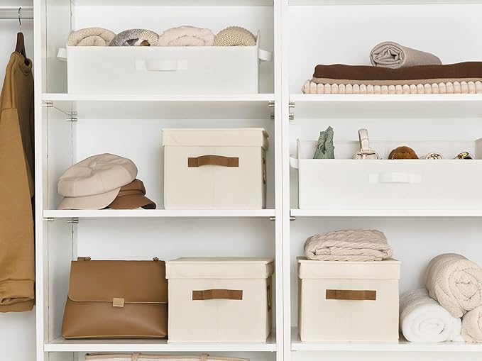 StorageWorks Large Storage Bins with Lids, Decorative Storage Boxes with Lid and PU Handles, Foldable Storage Baskets for Closet, Shelves, Stackable, Ivory, 3-Pack-Ruum Studio Home