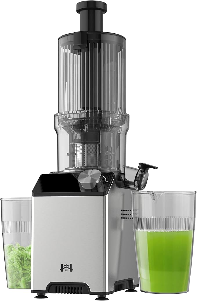 Cold Press Juicer, Juicer Machines with 4.35'' Wide Feed Chute, Stainless Steel Masticating Juicers Easy to Clean, Ergonomic Operational Panel Design, High Juice Yield, Gray Knob-Ruum Studio Home