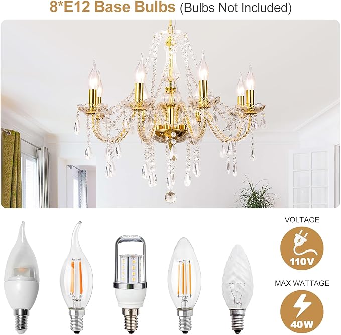 Modern Elegant 8 Lights K9 Crystal Glass Chandelier Golden Pendant Ceiling Lighting European Style for Dining Living Room Bedroom Transparent, 8 E12 Bulbs Required-Ruum Studio Home