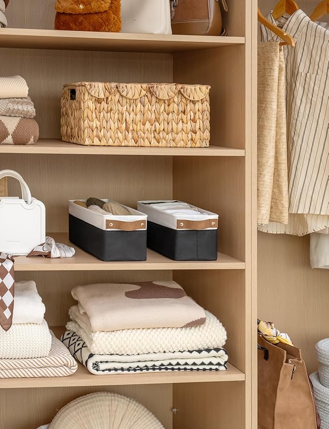 StorageWorks Narrow Storage Bins, Small Basket for Closet and Shelves, Fabric Organizer with Handles, Toilet Paper Storage, Black and White, 2-Pack-Ruum Studio Home