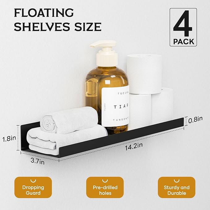 4 Pack Floating Shelves for Wall Storage, Metal Black Hanging Shelves for Living Room/Kitchen/Bedroom/Bathroom Decor, Set of 4 Organizer for Display, Perfume & Book Shelf Wall Mounted-Ruum Studio Home