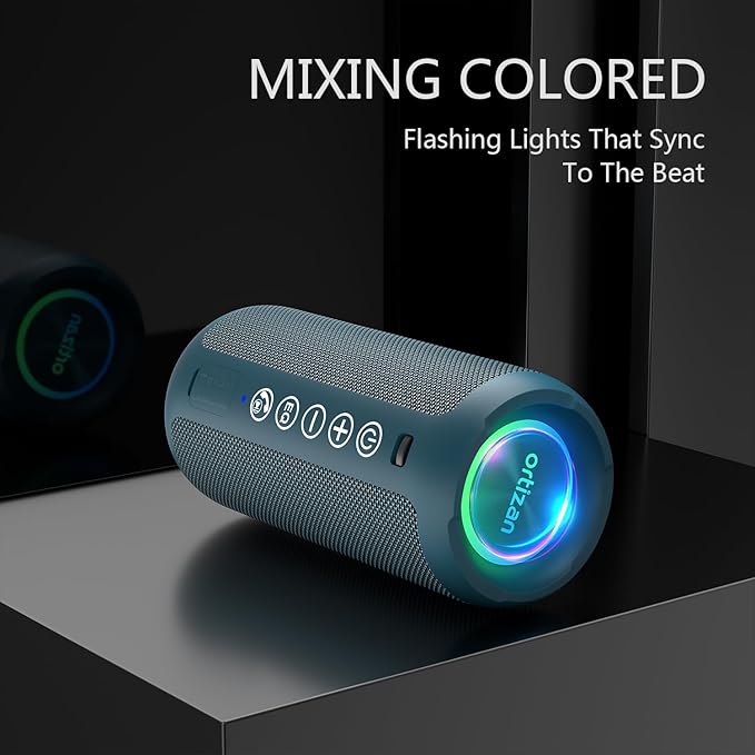 Ortizan Portable Bluetooth Speaker: IPX7 Waterproof, 24W Loud Sound, Deep Bass, Bluetooth 5.3, LED Lights, Wireless Stereo Pairing, 30H Playtime, for Home/Outdoor/Party/Beach, Birthday Gift (Blue)-Ruum Studio Home