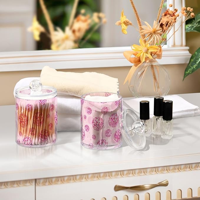 2 Pack Qtip Holder Organizer Dispenser Disco Balls Pink Bathroom Storage Canister Cotton Ball Holder Container for Cotton Pads/Swabs/Floss-Ruum Studio Home