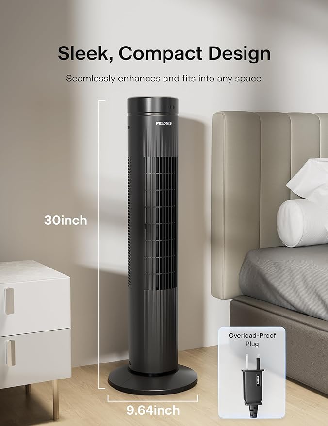 Pelonis 30-Inch Oscillating Tower Fan for Bedroom – 3 Speed, Quiet Tower Fan with Remote ControL, Small Fan, 7-Hour Timer – ETL Certified, Black-Ruum Studio Home