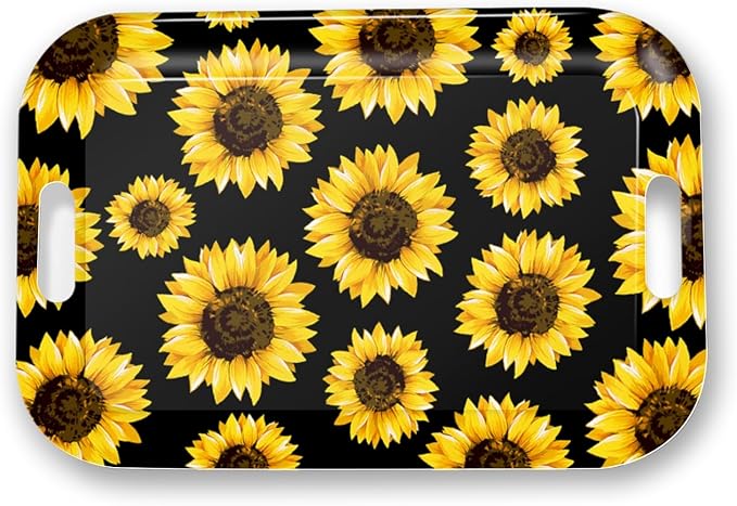 Serving Trays with Handles, 14.5 x 9.8 inch Rectangular Plastic Tray for Restaurant, Kitchen, Sunflower Black Background-Ruum Studio Home