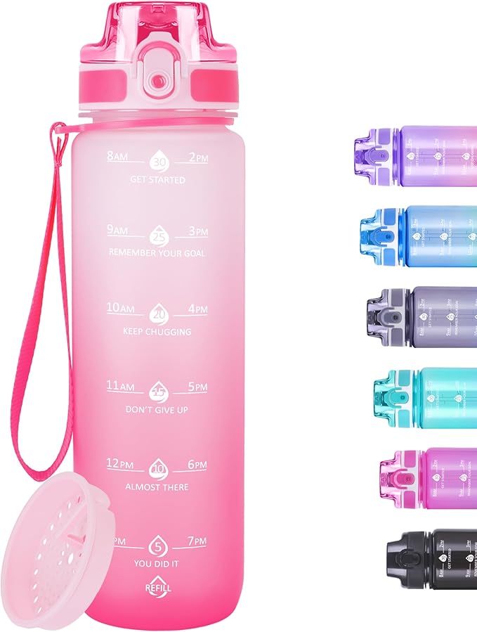 32oz Motivational Water Bottles with Time Marker & Fruit Strainer, Transparent Gradient Color Water Bottle with Times to Drink, Leakproof & BPA Free, Reusable Bottle with Strap (No Straw)-Ruum Studio Home