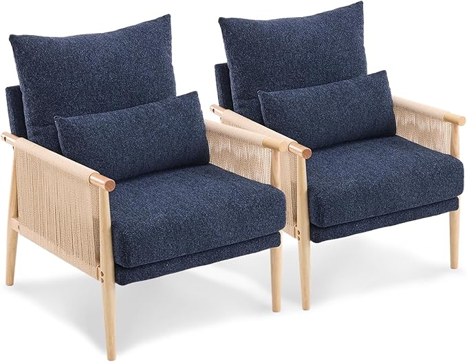 VINGLI Boho Braid Accent Armchairs Set of 2,Mid-Century Modern Chiars with Solid Wooden Armrest,Comfy Louge Cushion Chairs with Waist Pillow for Bedroom,Living Room,Reading Room, Blue-Ruum Studio Home