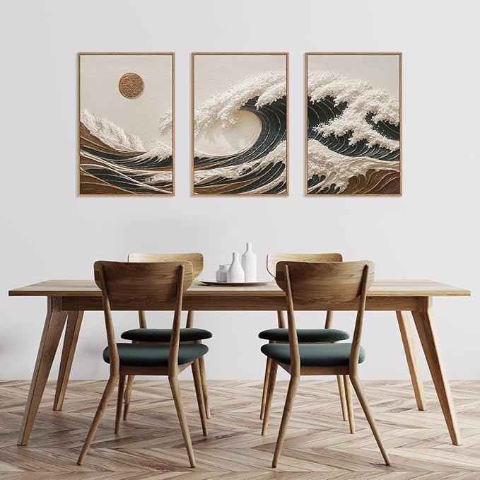 HLNIUC Sea Wave Framed Canvas Wall Art,Abstract Sun Seascape Wall Decor Set of 3(16”x24”) Large Modern Ocean Beach Art Print,Great Wave Sunset Pictures Canvas Famed Painting for Living Room,Bedroom-Ruum Studio Home