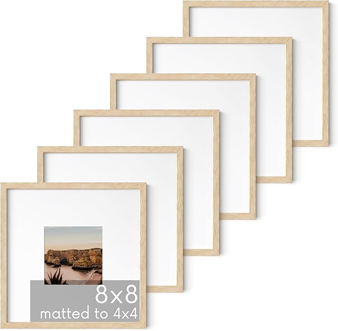 HAUS AND HUES Solid Oak Wood 8”x8” Picture Frames Matted to 4”x4” Set of 6-8x8 Standard Square Picture Frames, Photo Gallery Wall Frame Set, Beige 8x8 Picture Frames Matted (Beige Oak Frames)-Ruum Studio Home