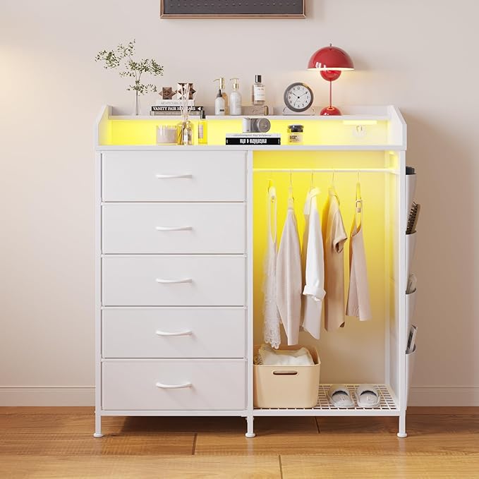 LUMTOK Modern 5 Dresser with LED Hanging Rack, Dresser with Clothes Rack, Hanger Rack, and Storage Drawers, Drawer Dressers with Coat Racks for Bedroom Living Room, Entryway, Closets (White)-Ruum Studio Home