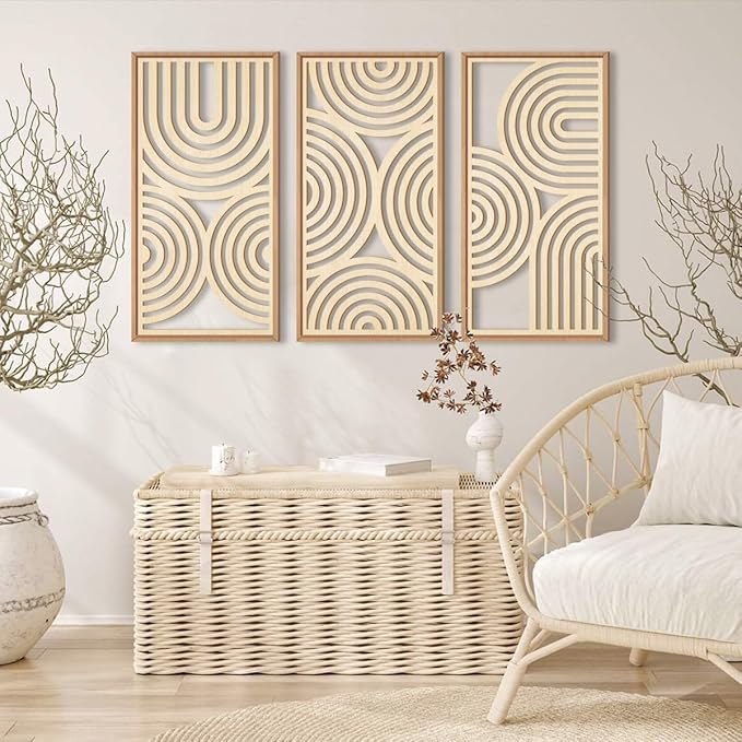 IARTTOP Large Boho Wood Wall Art Set of 3 Framed Wooden Mid-century Modern Wall Decor Minimalist Modern Abstract Geometric Decor for Living Room Bedroom Office-16x32 Inch-Ruum Studio Home