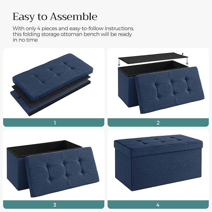 SONGMICS MAZIE Collection - 30 Inches Folding Storage Ottoman Bench, Ottoman Foot Rest, End of Bed Bench, Storage Chest, Load 660 lb, for Living Room, Bedroom, Entryway, Midnight Blue ULSF47IN-Ruum Studio Home