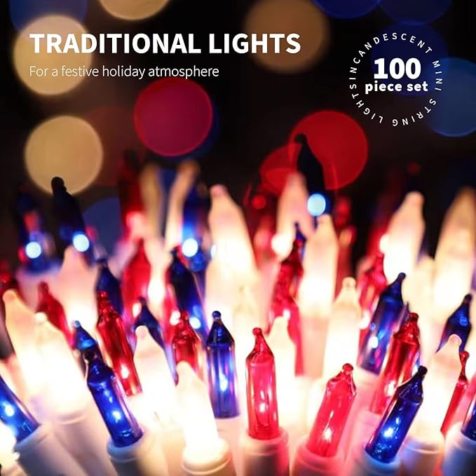 100LIGHTS RED White and Blue Extra-Bright with End Connectors 4th July Decoration Patriotic Mini String Lights 5.98m UL Certified Waterproof for Home Garden Holiday Tree Party Patio-Ruum Studio Home