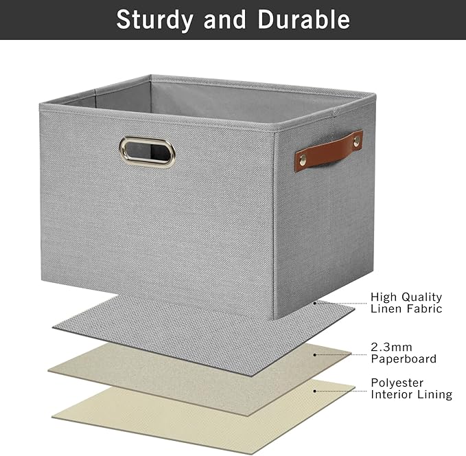 Large 3-Pack Foldable Fabric Storage Bins with Durable PU & Metal Handles, Collapsible Storage Baskets for Shelves, Home Storage, Closet Organizers, Living Room(14.9"x9.8"x9.8", Grey)-Ruum Studio Home
