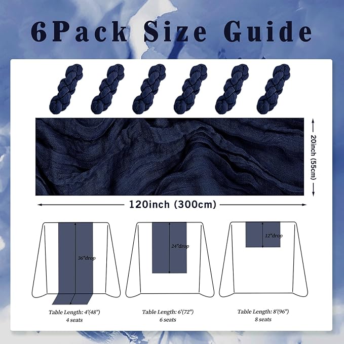 6 Pack Navy Blue Cheesecloth Table Runner 10FT Boho Fabric Rustic Cheese Cloth Table Runner for Wedding Bridal Shower Baby Shower Gauze Sheer Birthday Party Table Decorations 20 x 120 Inch Long-Ruum Studio Home