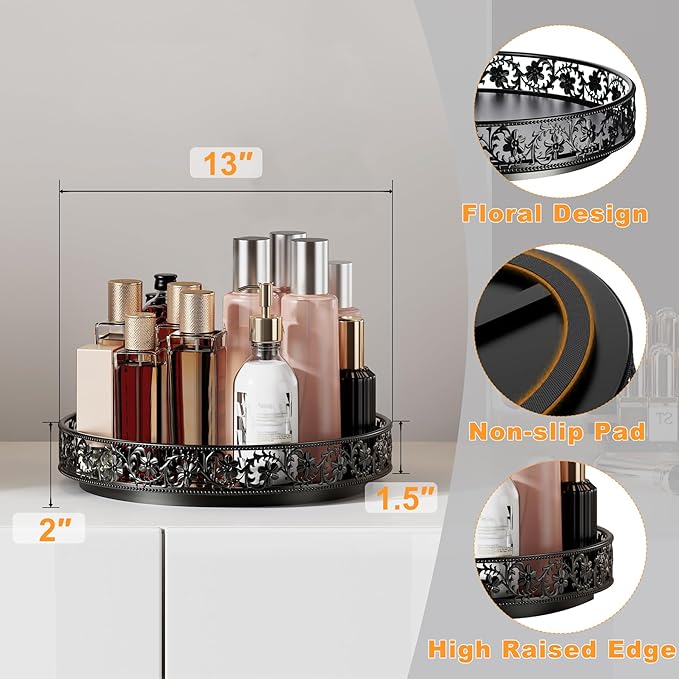 Lazy Susan Turntable Organizer, 13 inch Large Rotating Spice Rack Lazy Susan for Dining Table Top Cabinet Countertop Pantry Kitchen Cupboard Bathroom Black-Ruum Studio Home