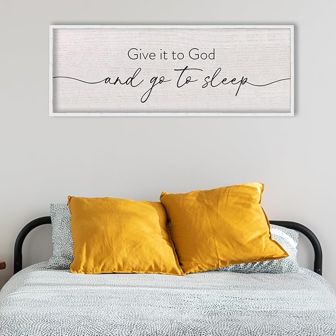 LuZhiQiang Give It To God And Go To Sleep Sign Above Over Bed Wall Decor Art 40"X15" for Master Bedroom Large Wood Framed Hanging (White)-Ruum Studio Home