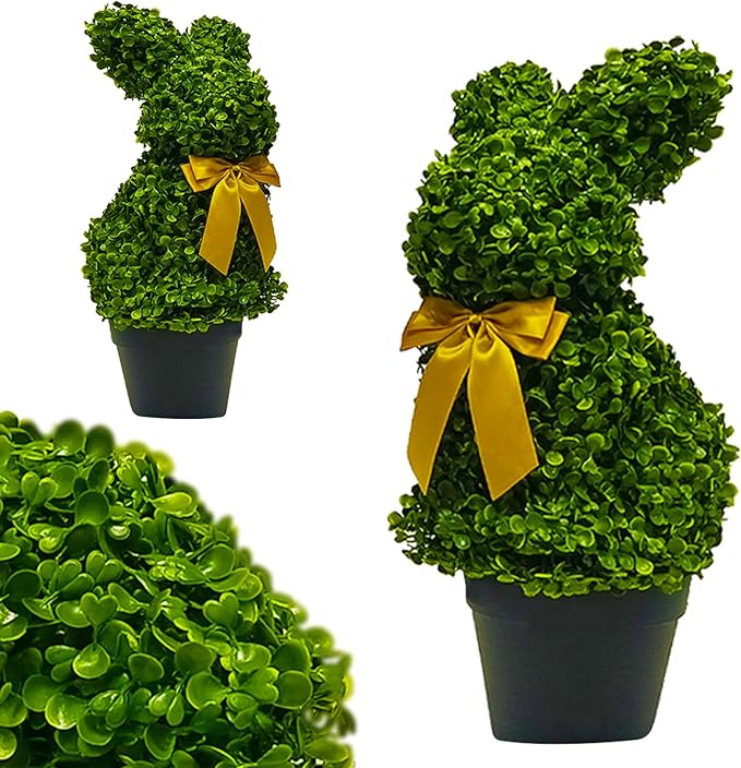 2 Pcs Artificial Bunny Shaped Topiary Trees, Artificial Green Boxwood Bunny Decorations with Gold Bow, Perfect for Indoor & Outdoor Front Porch, Easter& Garden Decor (Bunny Tree with Base)-Ruum Studio Home