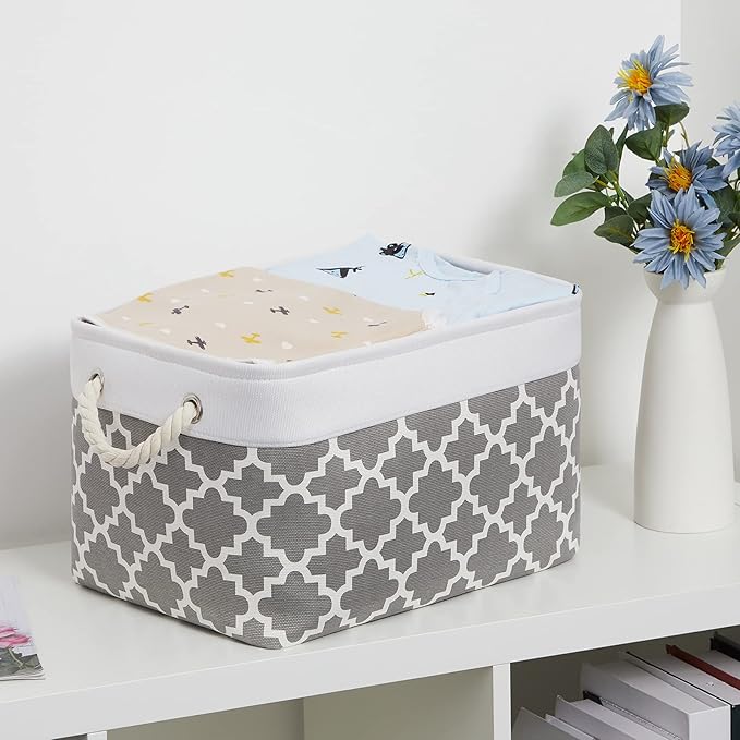 Bidtakay Basket Storage Bins Baskets for Organizing Set of 3 Collapsible Cloth Storage Linen Closet Organizer 15 X 11 X 9.5 Inches Large Foldable Baskets for Shelves (White&Quatrefoil Grey)-Ruum Studio Home