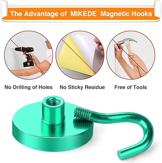 MIKEDE Strong Magnetic Hooks, 110Lbs Heavy Duty Magnetic Hooks for Cruise, Neodymium Earth Magnets with Hooks for Hanging, Super Metal Industrial Magnets for Grill, Storage (Green,10 Pack)-Ruum Studio Home